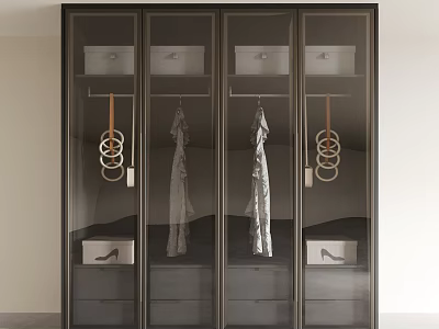 Modern Wardrobe with Glass Doors Featuring Hanging Area Drawers Shoes and Metal Handles 3d model