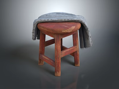 Red Wooden Stool with Simple Structure Covered by Gray Cloth on Top 3d model