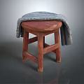 Red Wooden Stool with Simple Structure Covered by Gray Cloth on Top 3d model
