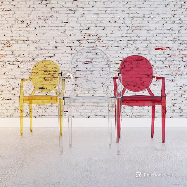 Three Yellow Red And Transparent Acrylic Armchairs Against White Brick Wall 3d model 