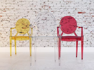 Three Yellow Red And Transparent Acrylic Armchairs Against White Brick Wall 3d model