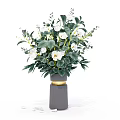 Elegant Fresh Flower Vase With White Blooms Green Leaves And Gray Gold Accents