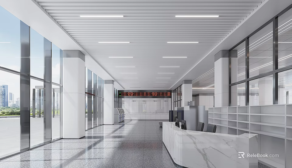 Modern Station Hall Interior With Spacious Layout Large Windows White Columns And Service Counter 3d model 