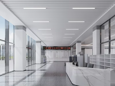 Modern Station Hall Interior With Spacious Layout Large Windows White Columns And Service Counter 3d model