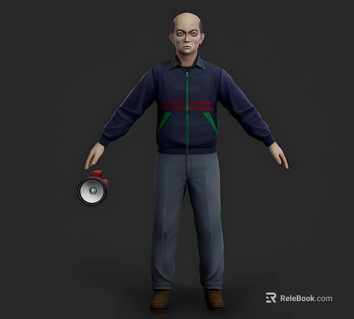 Man In Dark Blue Jacket Red Green Accents Holding Silver Megaphone Gray Pants Full Body 3d model 
