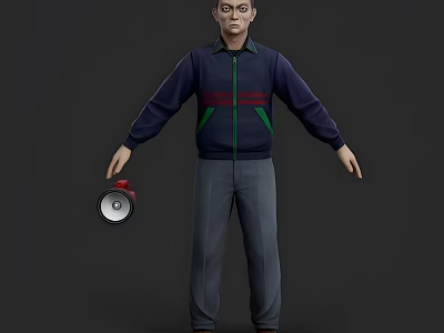 Man In Dark Blue Jacket Red Green Accents Holding Silver Megaphone Gray Pants Full Body 3d model