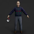 Man In Dark Blue Jacket Red Green Accents Holding Silver Megaphone Gray Pants Full Body
