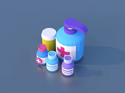Assorted Medicine Bottles And Hand Sanitizer With Cross Symbols In Various Colors 3d model
