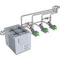 Modern Industrial Equipment With White Machine Body Connecting Pipes And Green Valves