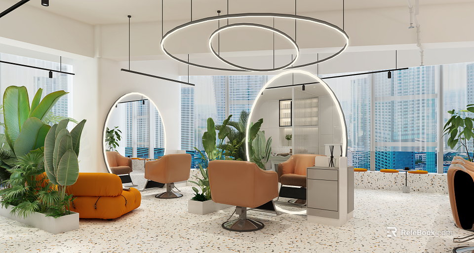Modern Beauty Hair Salon Interior With Curved Mirrors Orange Chairs Green Plants And Pendant Lights 3d model 