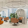 Modern Beauty Hair Salon Interior With Curved Mirrors Orange Chairs Green Plants And Pendant Lights