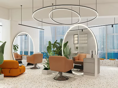 Modern Beauty Hair Salon Interior With Curved Mirrors Orange Chairs Green Plants And Pendant Lights 3d model