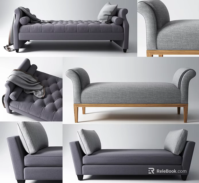 Modern Gray Fabric Ottoman With Wooden Legs And Comfortable Cushions 3d model 
