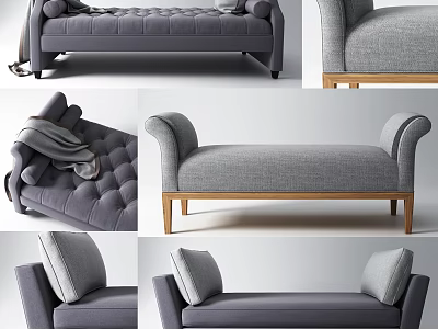 Modern Gray Fabric Ottoman With Wooden Legs And Comfortable Cushions 3d model