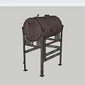 Industrial Metal Horizontal Tank Equipment On Metal Stand With Pipes And Metallic Finish