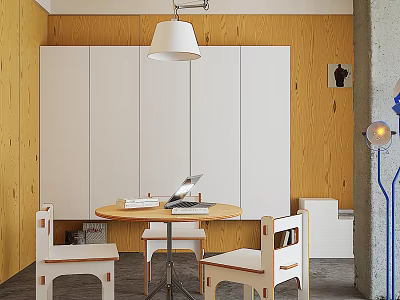 Modern Open Restaurant Interior With Wooden Walls White Cabinets Round Table Chairs And Pendant Light 3d model