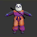 3D Panda Character In Orange Purple Outfit With Purple Sash And Black Staff On Back