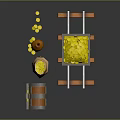 Mine Cart Filled With Gold Coins Near Wooden Barrel And Clay Pot