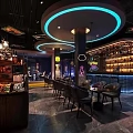 Modern Bar Interior With Neon Signs Bar Counter Wine Racks And Dark Decor