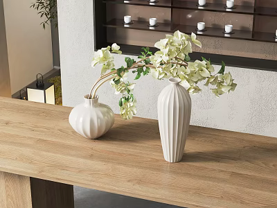 Elegant White Textured Vases With White Hydrangea Flowers On Wooden Table 3d model