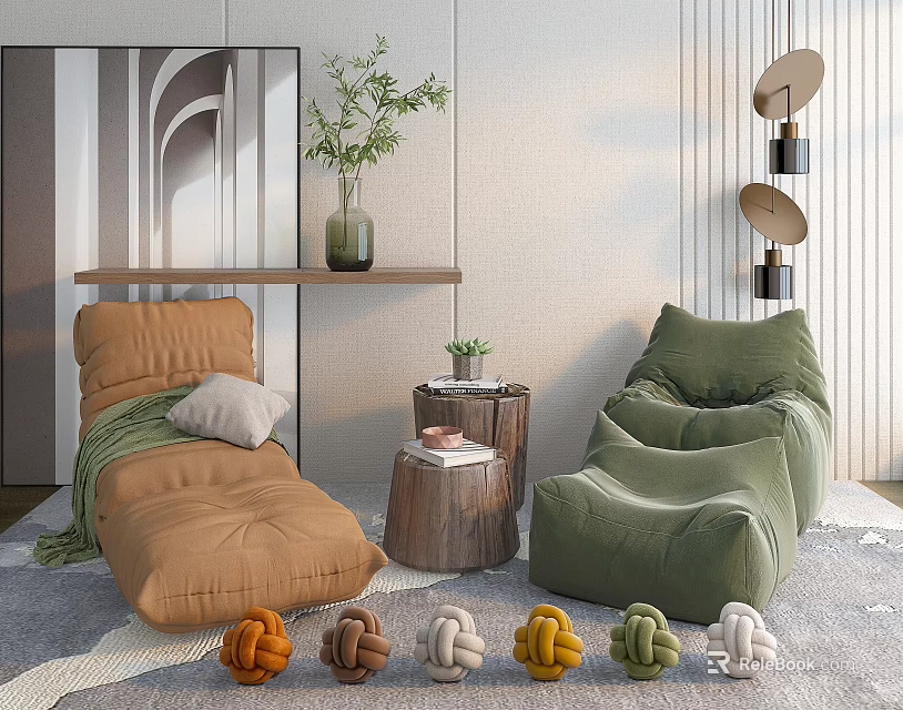 Green and Brown Bean Bag Chairs with Small Side Table Green Plant and Decorative Knots 3d model 