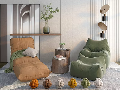 Green and Brown Bean Bag Chairs with Small Side Table Green Plant and Decorative Knots 3d model