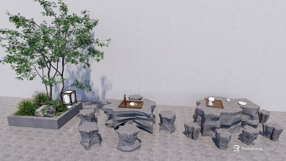 Outdoor Stone Table Chair Set With Small Tree And Lantern Decor 3d model