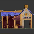Cute Cartoon Barn Scene With Broken Wooden Roof Green Leaves And Hay Bales
