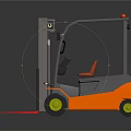 Orange and Gray Forklift with Red Forks Yellow Wheels Cab Top Guardrail and Warning Light