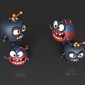 Playful Cartoon Weapons Wielded By Three Exaggerated Expression Red Blue Monsters Interacting 3d model
