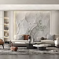 Modern Living Room Interior Featuring Marble Wall Sofa Brown Chair Green Plants And Coffee Tables