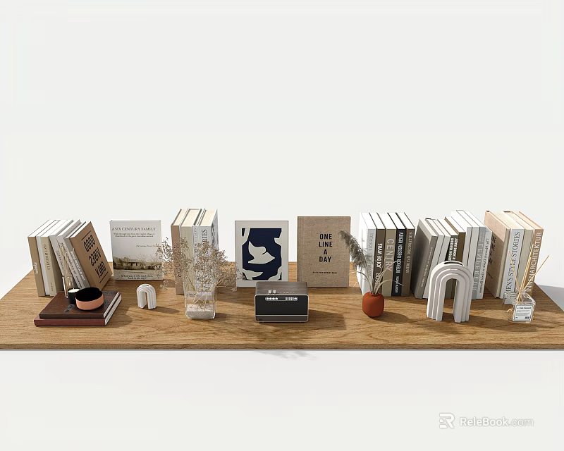 Various Colored Books On Wooden Table With Decor Items Including Dried Flowers Small Ornaments 3d model 