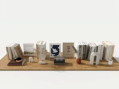 Various Colored Books On Wooden Table With Decor Items Including Dried Flowers Small Ornaments 3d model