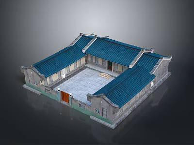 Traditional Chinese Courtyard House With Blue Roof Gray Walls And Central Courtyard 3d model