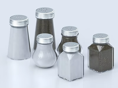 Ceramic Salt And Pepper Shakers Featuring Various Shapes Silver Lids And Transparent Dark Bodies 3d model