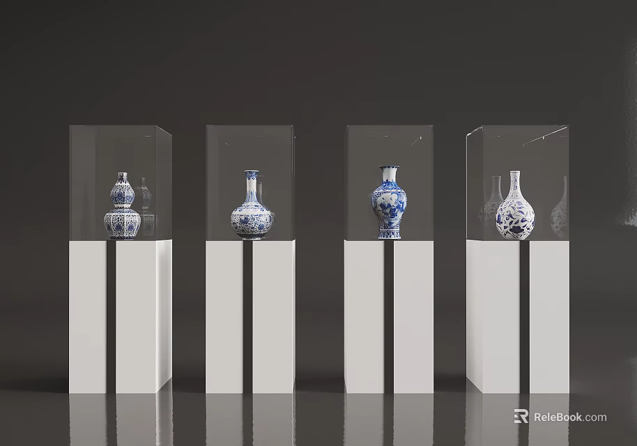 Showcase Display Shelves Featuring Transparent Glass and White Base Holding Blue and White Vases 3d model 