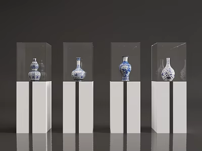 Showcase Display Shelves Featuring Transparent Glass and White Base Holding Blue and White Vases 3d model