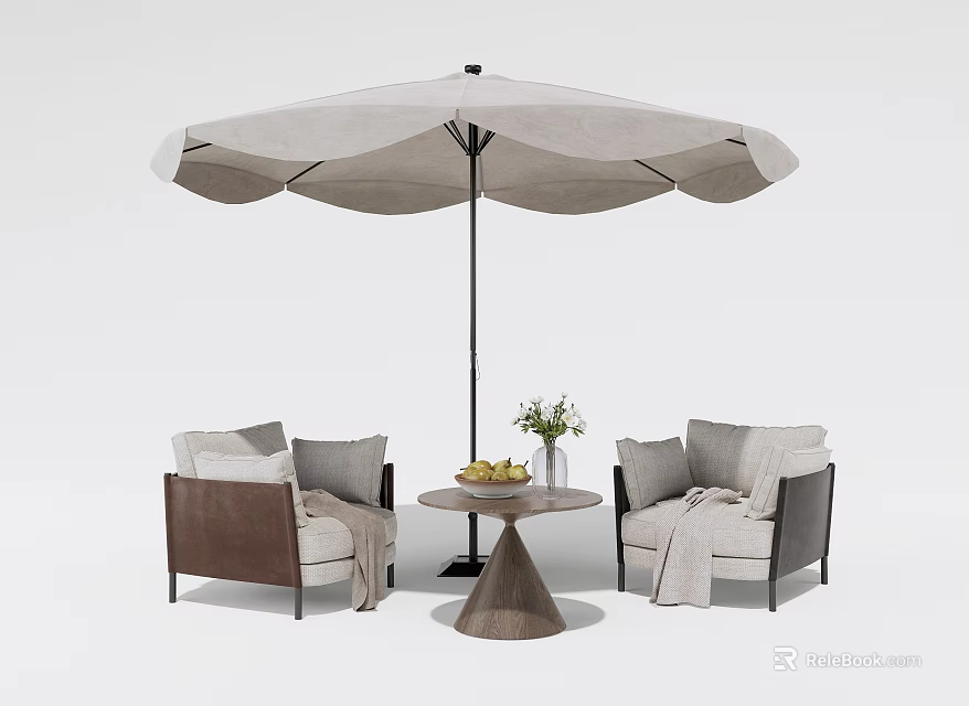 Comfortable Modern Outdoor Sofa Set With Umbrella Side Table Fruit And Vase 3d model