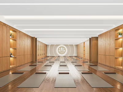 Yoga Fitness Studio Interior With Neatly Arranged Mats And Wooden Walls 3d model