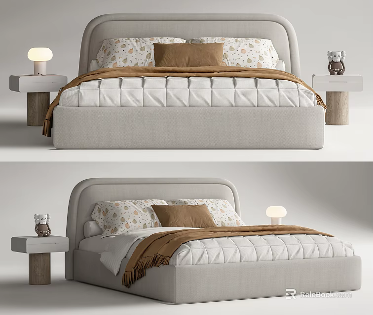 Modern Kids Bed With Upholstered Headboard Patterned Pillows Brown Blanket And Nightstand Table Lamp 3d model 