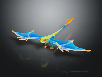 Colorful Pterosaur Model with Blue Green Wings and Orange Tail on Black Background with Reflections 3d model