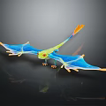 Colorful Pterosaur Model with Blue Green Wings and Orange Tail on Black Background with Reflections
