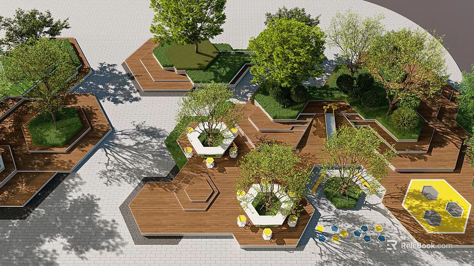 Park Landscape With Hexagonal Wooden Platforms Trees Planters White Decorations And Paved Ground 3d model 