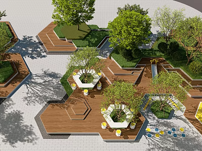 Park Landscape With Hexagonal Wooden Platforms Trees Planters White Decorations And Paved Ground 3d model