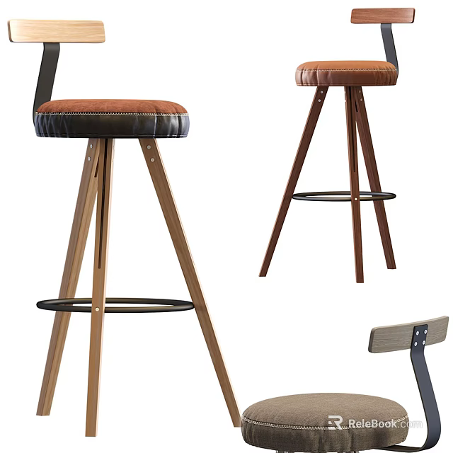 Modern Bar Stool Design With Wooden Legs Leather Seat And Metal Footrest 3d model 
