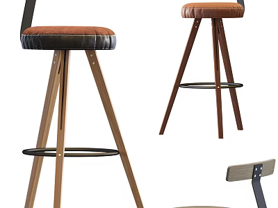 Modern Bar Stool Design With Wooden Legs Leather Seat And Metal Footrest 3d model