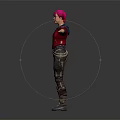 Pink Haired Character In Red Plaid Shirt Striped Pants Glasses Arms Outstretched Dark Background