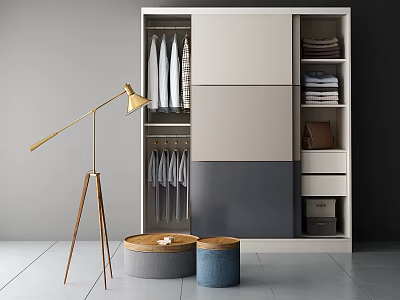 Modern Wardrobe With Neutral Tone Panels Hanging Folded Clothes Drawers Brass Floor Lamp Storage Stools 3d model