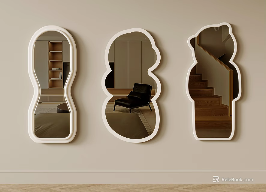 Decorative Irregular Shaped Wall Mounted Mirrors Reflecting Interior Furniture And Stairs 3d model 