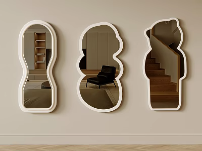 Decorative Irregular Shaped Wall Mounted Mirrors Reflecting Interior Furniture And Stairs 3d model